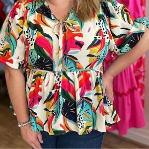 Umgee+ Tropical Print Babydoll Blouse